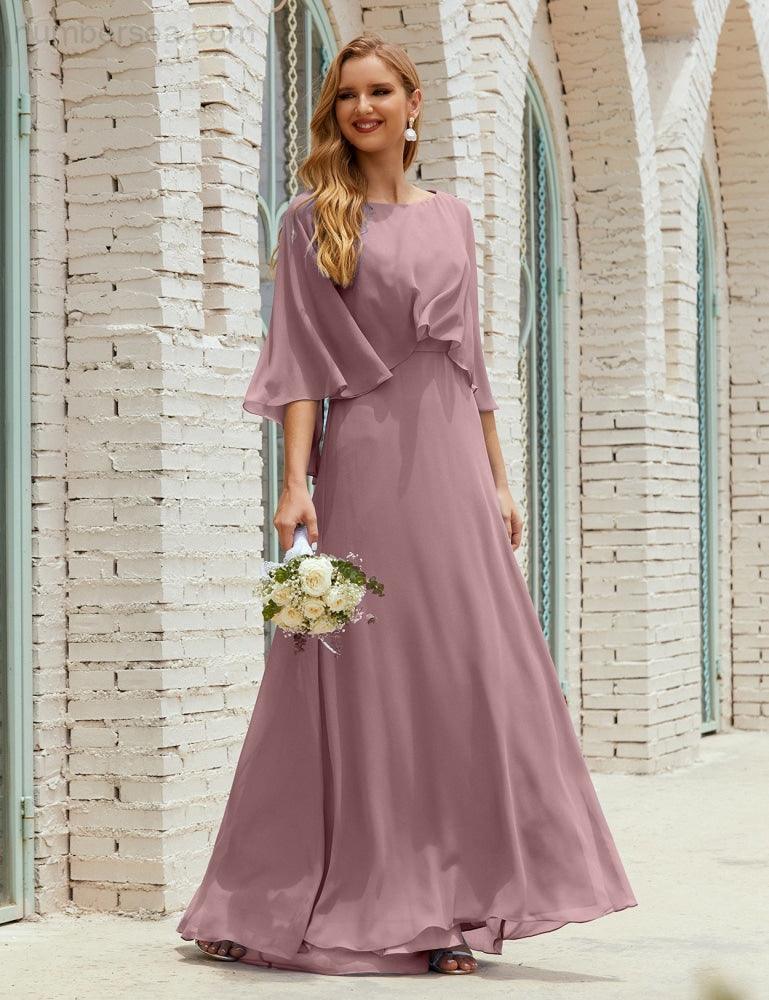 Abito da Damigella Donna Manica Lunga Scollatura a V Chiffon Abito da Cerimonia Matrimonio Festa 28018