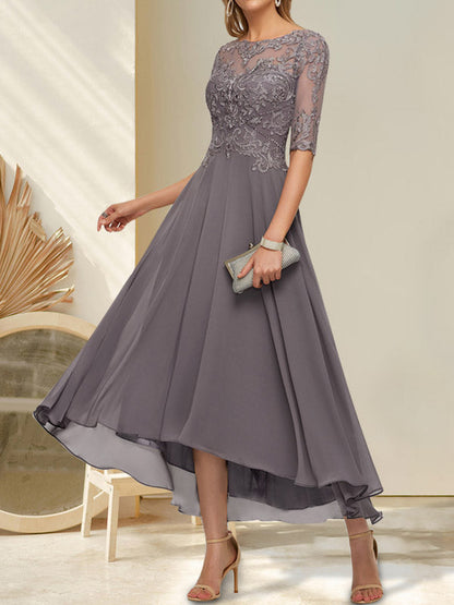 Vestido de madre de la novia de gasa asimétrica con escote barco, ilusión, encaje y lentejuelas con abalorios.