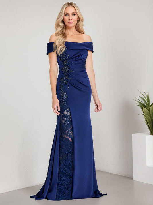 Vestido de sirena con hombros descubiertos, largo hasta el suelo, para madre de la novia, con apliques y cuentas, y abertura alta 