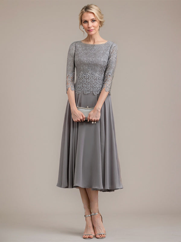 A-Linie U-Ausschnitt Wadenlang Chiffon-Kleid für die Brautmutter 