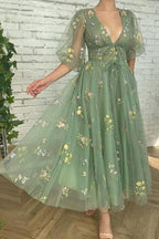 Vestidos Curtos de Baile com Decote em V Verde, Mangas Curtas, Comprimento ao Tornozelo, Tule Floral