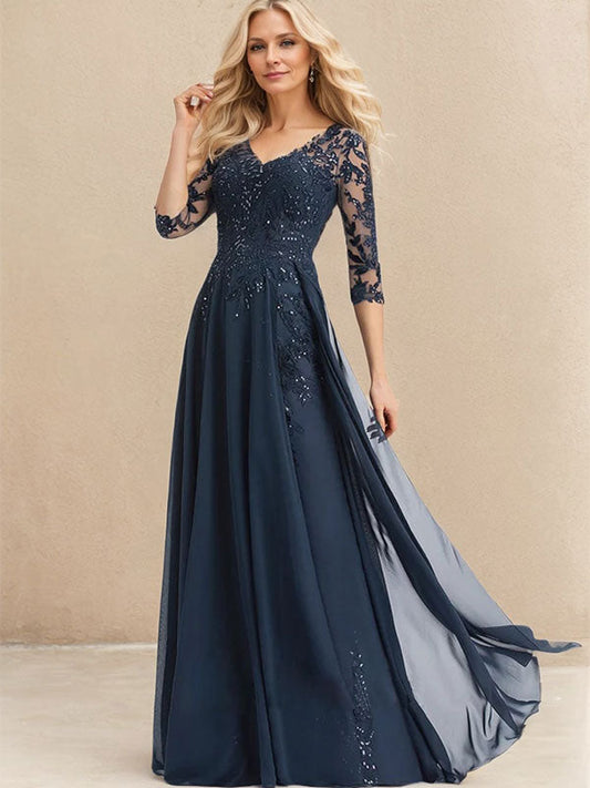A-Linie V-Ausschnitt Bodenlanges Spitzen-Chiffon-Kleid für die Brautmutter mit Pailletten