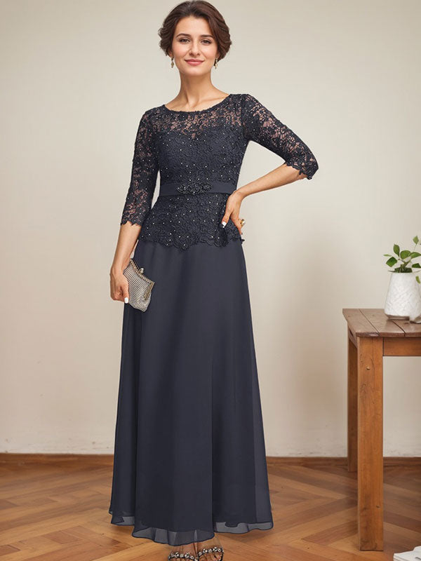 Robe de mère de la mariée en dentelle en mousseline, longueur cheville, coupe trapèze, décolleté illusion en forme de goutte, ornée de perles en strass