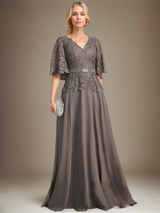 A-Linie V-Ausschnitt Bodenlang Chiffon Spitze Mutter der Braut Kleid Mit Kristall Brosche Strass 