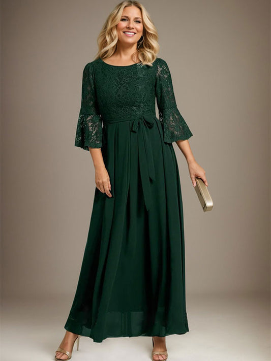 Vestido de gasa con encaje y lazo para madre de la novia, corte A, escote redondo hasta los tobillos