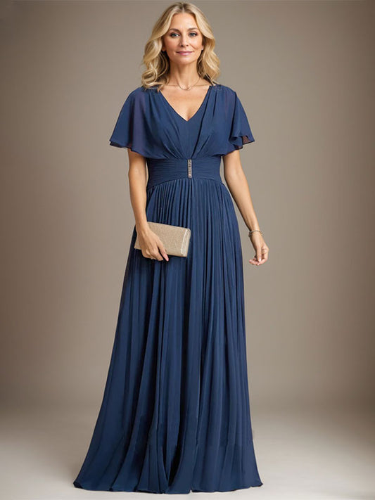 A-Linie V-Ausschnitt Bodenlang Chiffon Mutter der Braut Kleid Mit Kristall Brosche Plissee 