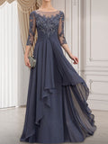Robe de mère de la mariée en dentelle et mousseline, longueur au sol, ligne en A, décolleté en U avec volants en cascade