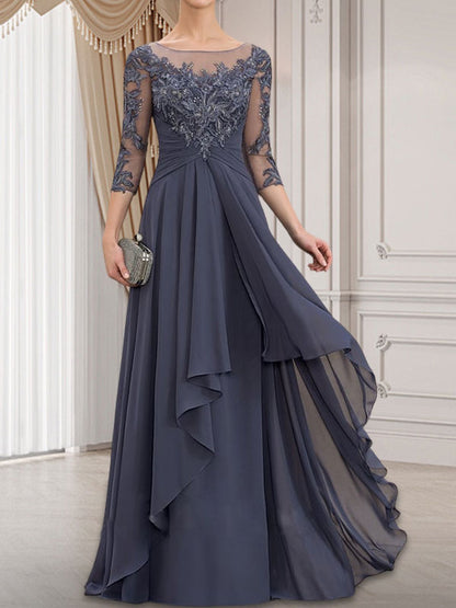 A-Linie, U-Ausschnitt, Illusion, bodenlanges Chiffon-Kleid für die Brautmutter mit kaskadierenden Rüschen