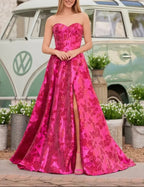 Vestido de Baile Jacquard Floral Sem Alças | Vestido de Baile com Decote Coração e Fenda