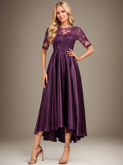 A-Linie, U-Ausschnitt, Illusion, asymmetrisch, Stretch-Satin, Spitze, Kleid für die Brautmutter mit Pailletten 