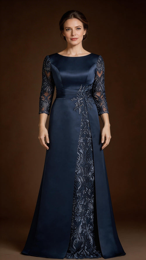 A-Line Scoop Floor-Length Lace Satin Mother Of the Bride Dress With Applique by Dreamylily
