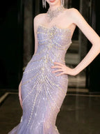 Splendido Abito da Sera a Sirena in Tulle Lilla con Perline per Matrimonio e Ballo Y8057