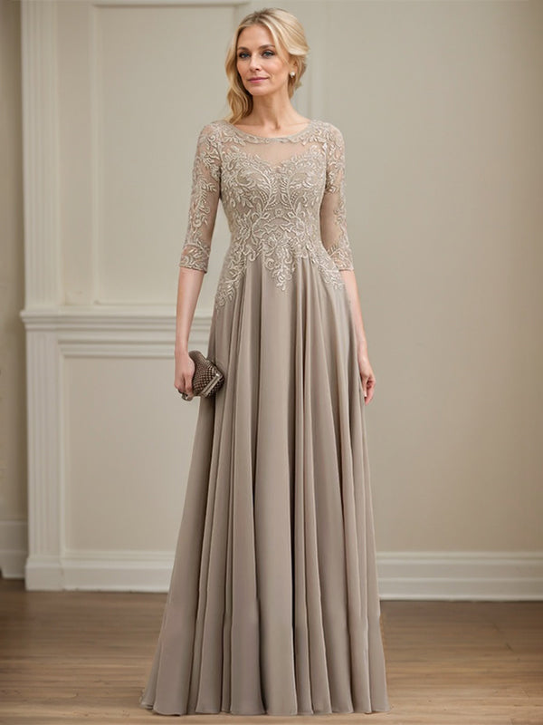 A-Linie, U-Ausschnitt, Illusion, bodenlanges Spitzen-Chiffon-Kleid für die Brautmutter mit Pailletten 