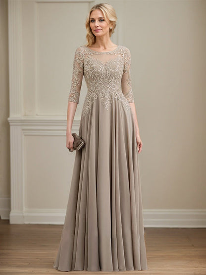 A-Linie, U-Ausschnitt, Illusion, bodenlanges Spitzen-Chiffon-Kleid für die Brautmutter mit Pailletten 