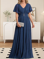 A-line V-Neck Floor-Length Chiffon Mother of the Bride Dress With Crystal Brooch Pleated