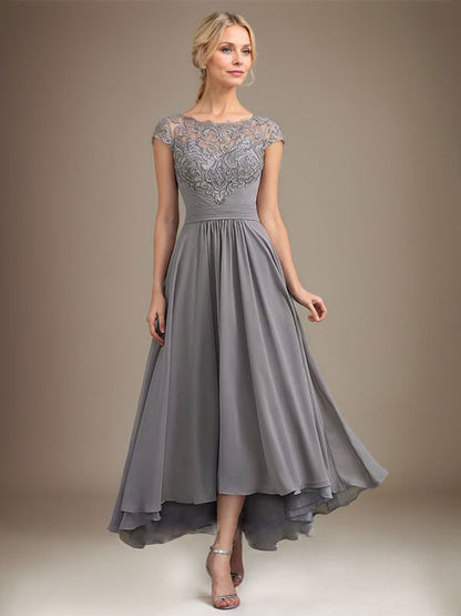 A-Linie U-Ausschnitt Illusion Asymmetrische Spitze Chiffon Mutter der Braut Kleid Mit Plissee 