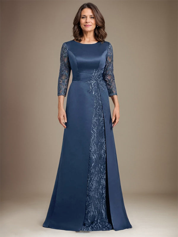 A-Line Scoop Floor-Length Lace Satin Mother Of the Bride Dress With Applique