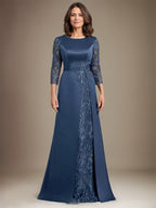 A-Line Scoop Floor-Length Lace Satin Mother Of the Bride Dress With Applique