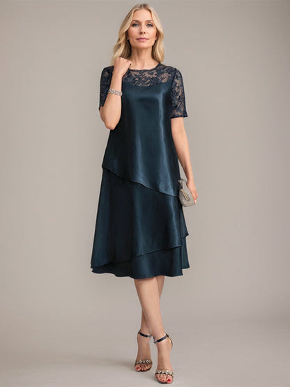 A-Linie, U-Ausschnitt, knielanges Kleid für die Brautmutter mit Applikationen und Pailletten 