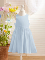 Ivory Satin Princess Flower Girl Knee Length Dress With Bow