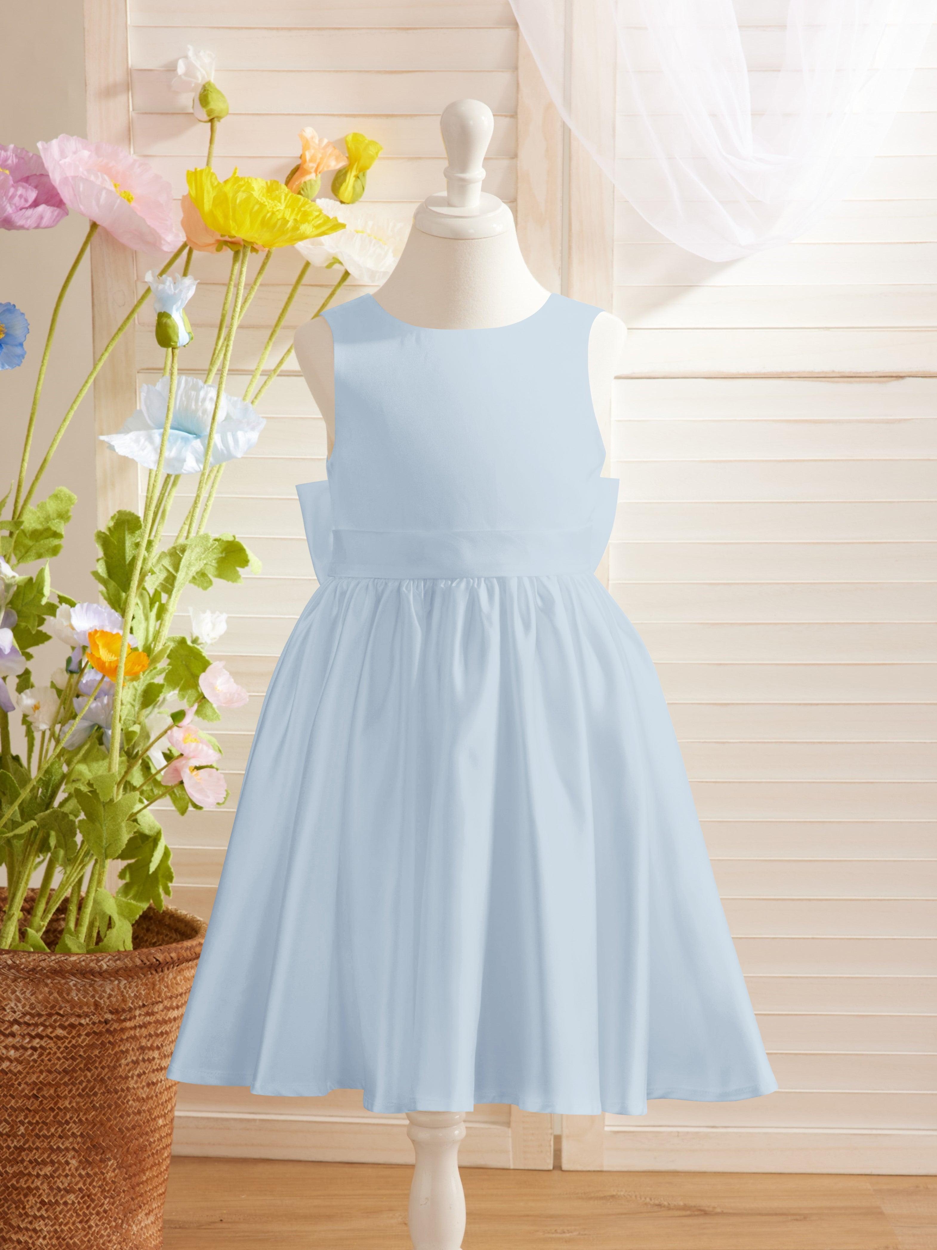 Ivory Satin Princess Flower Girl Knee Length Dress With Bow