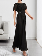 Robe de mère de la mariée en mousseline, longueur cheville, en ligne A, encolure dégagée, ornée de perles et plissée