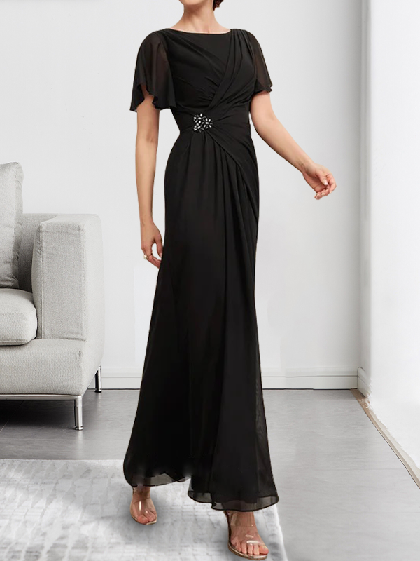 Robe de mère de la mariée en mousseline, longueur cheville, en ligne A, encolure dégagée, ornée de perles et plissée
