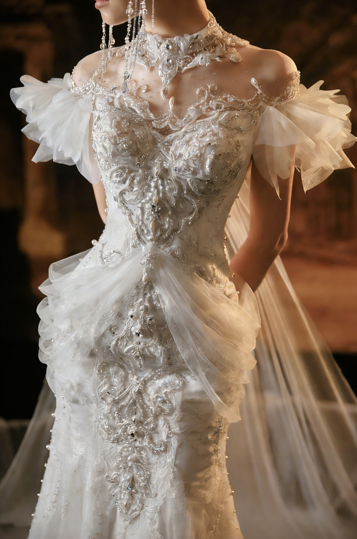 Robe de mariée sirène perlée avec col montant et manches en tulle volanté