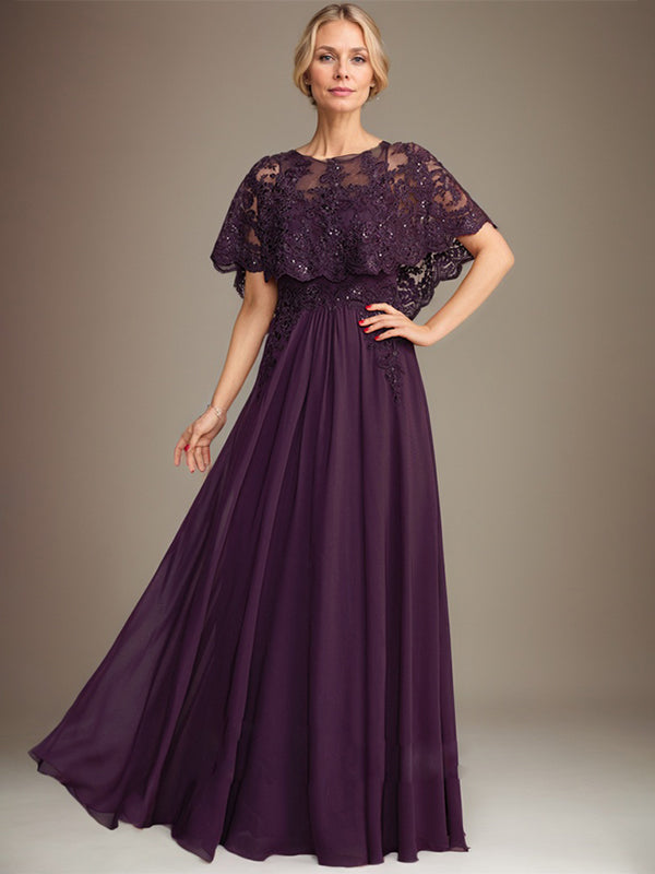 Abito da madre della sposa in chiffon di pizzo con scollo a barca, linea a trapezio, lunghezza fino al pavimento, con applicazioni di paillettes