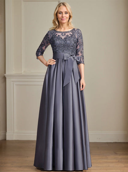 A-Linie, U-Ausschnitt, Illusion, bodenlanges Satin-Spitzenkleid für die Brautmutter mit Paillettenschleife 