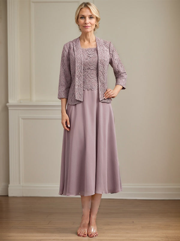 A-Linie U-Ausschnitt Wadenlang Chiffon-Kleid für die Brautmutter 
