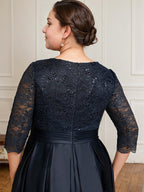 Robe de mère de la mariée en satin et dentelle, coupe en A, col en V, longueur au sol, avec nœud à paillettes