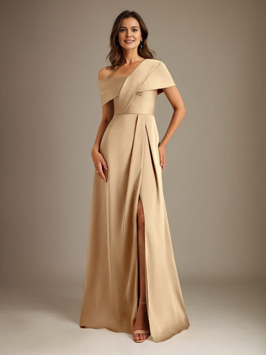 Vestido de madre de la novia de satén con escote asimétrico en forma de A y largo hasta el suelo con pliegues 