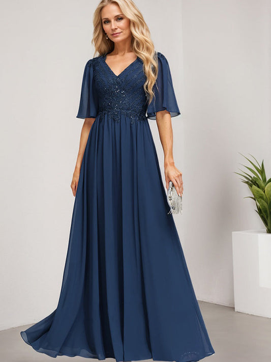 A-Linie V-Ausschnitt Bodenlanges Spitzen-Chiffon-Kleid für die Brautmutter mit Pailletten 