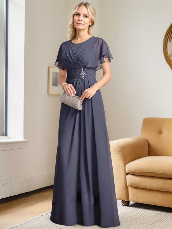 Robe de mère de la mariée en mousseline, longueur au sol, en ligne A, décolleté arrondi, ornée de perles plissées