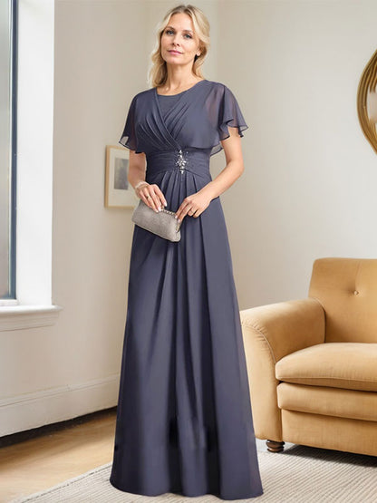 A-Linie, U-Ausschnitt, bodenlanges Chiffon-Kleid für die Brautmutter mit plissierter Perlenstickerei