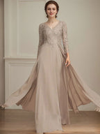 Robe de mère de la mariée en mousseline de soie à dentelle, longueur au sol, en ligne A, col en V, ornée de paillettes