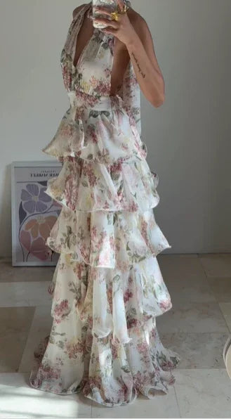 Abito da sera elegante in chiffon stampato floreale a linea ad A, senza schienale, scollo a V, con collo all'americana e strati, modello Y8501