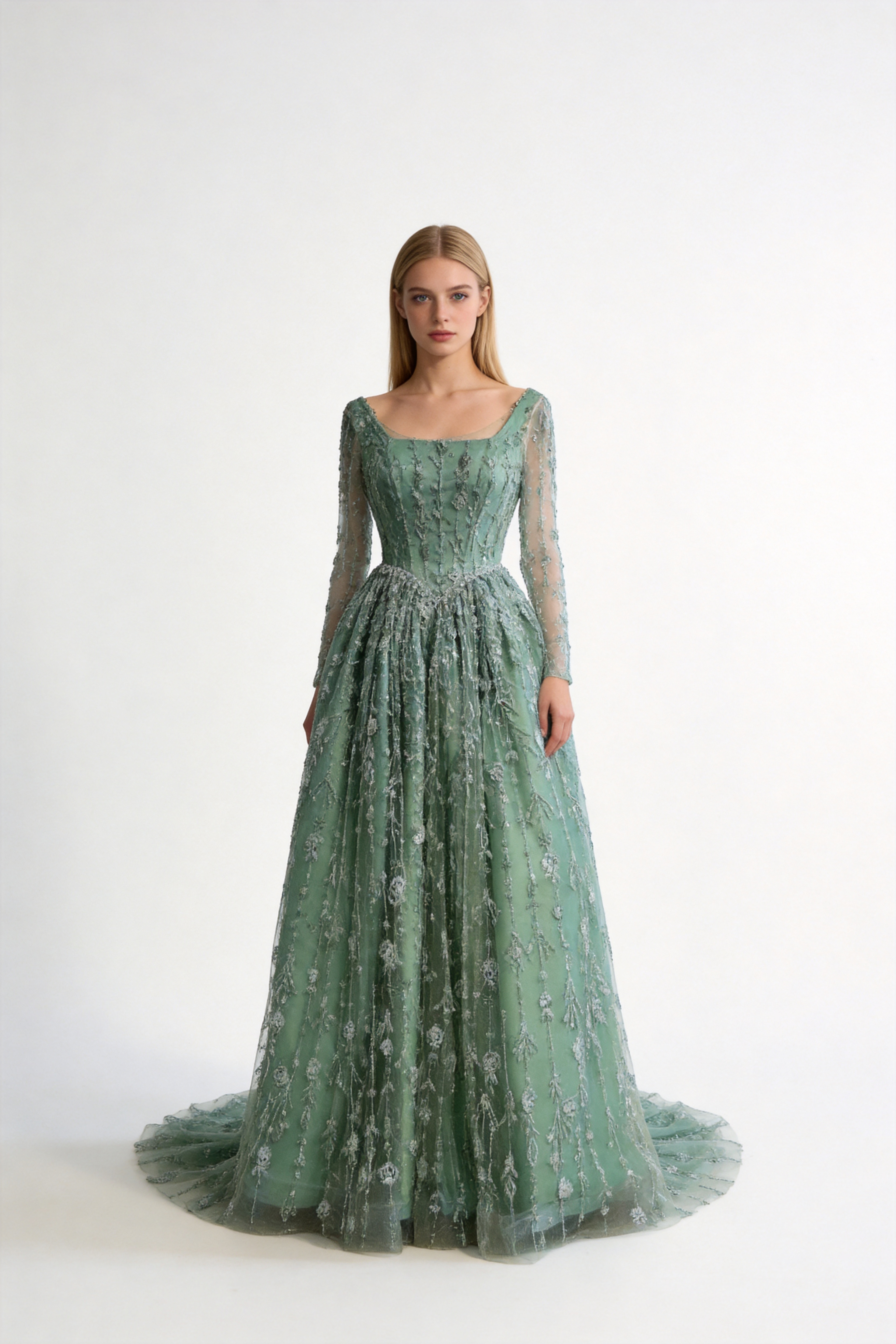 Luxury Sage Green Beaded Evening Dress with Long Sleeves LA72805B