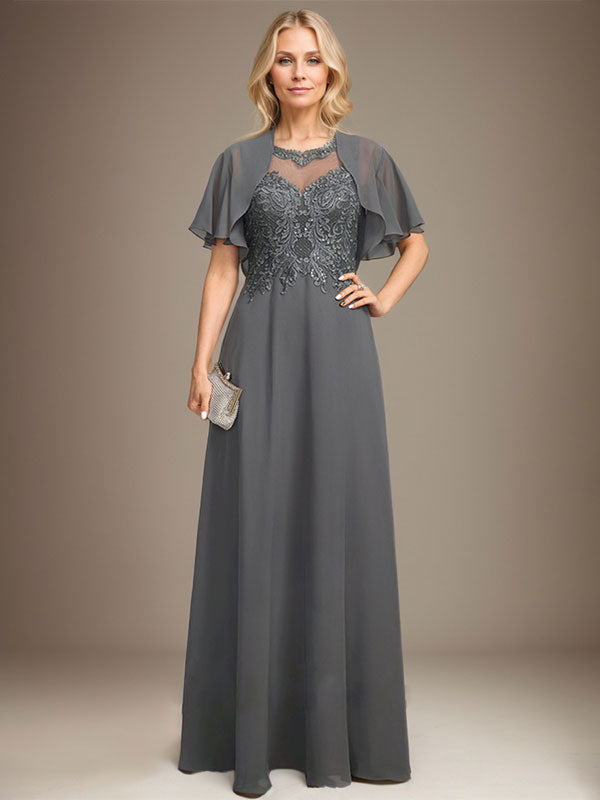 A-Linie, U-Ausschnitt, Illusion, bodenlanges Spitzen-Chiffon-Kleid für die Brautmutter mit Pailletten