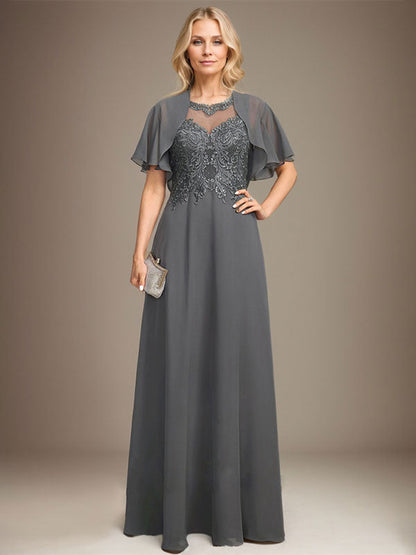 A-Linie, U-Ausschnitt, Illusion, bodenlanges Spitzen-Chiffon-Kleid für die Brautmutter mit Pailletten