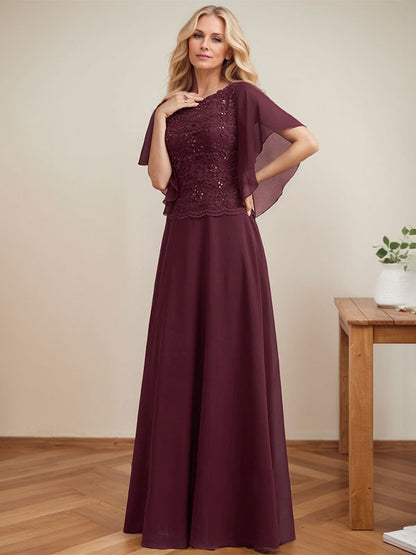 A-Linie, U-Ausschnitt, Illusion, bodenlanges Spitzen-Chiffon-Kleid für die Brautmutter mit Pailletten 