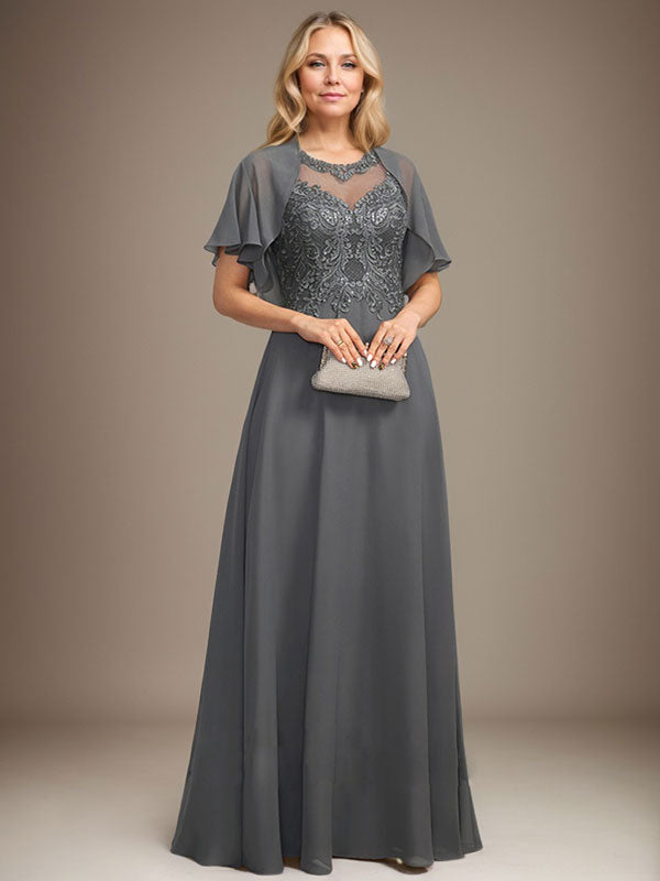 A-Linie, U-Ausschnitt, Illusion, bodenlanges Spitzen-Chiffon-Kleid für die Brautmutter mit Pailletten