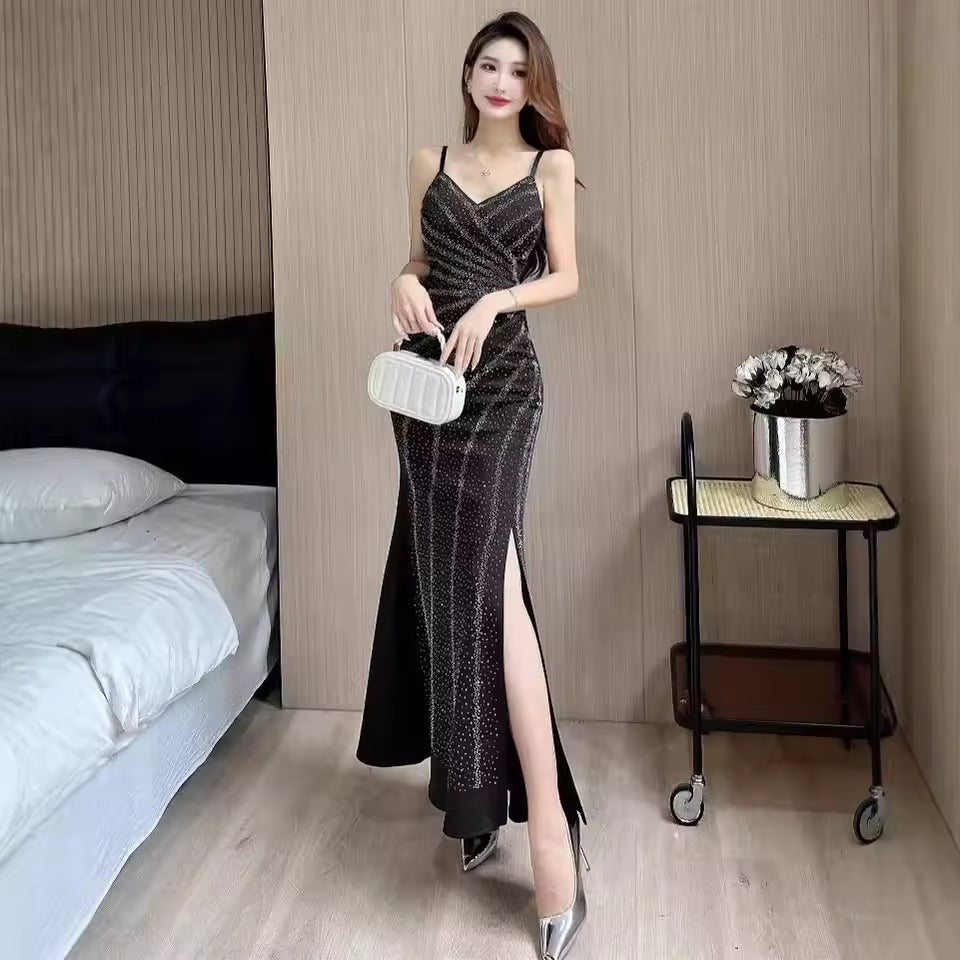 Vestido de Noite Sereia com Alças Finas e Franzido | Vestido de Baile Brilhante com Fenda Alta