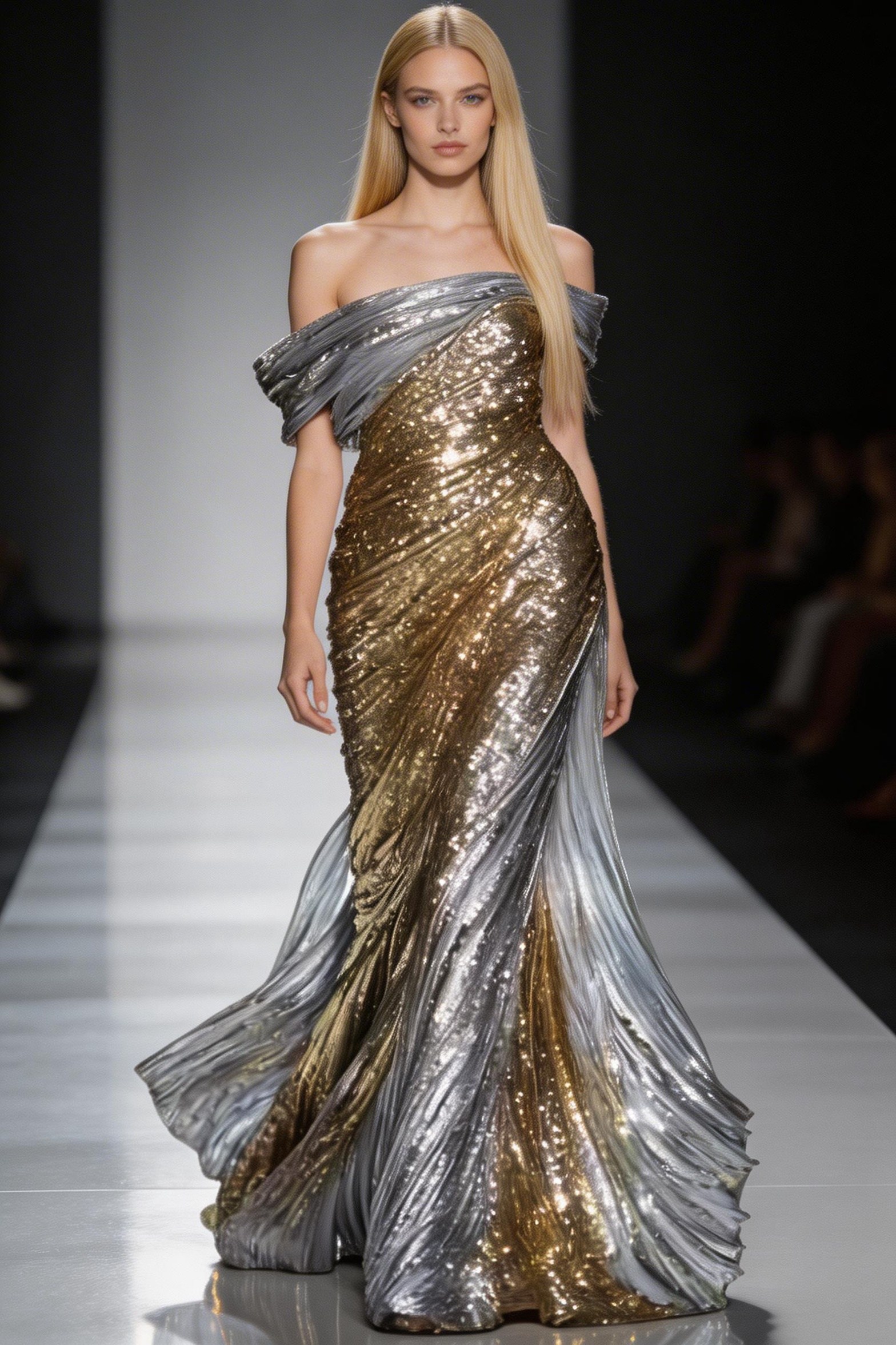 Vestido de Noite Longo com Lantejoulas Brilhantes, Ombros Descobertos, Estilo Sereia, Vestido de Baile Y8393