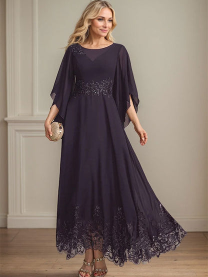 A-Linie, U-Ausschnitt, Illusion, knöchellang, Spitzen-Chiffon, Kleid für die Brautmutter mit Pailletten 
