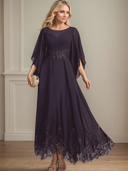 Vestido de gasa con encaje y lentejuelas para madre de la novia, corte A, escote ilusión, largo hasta los tobillos 