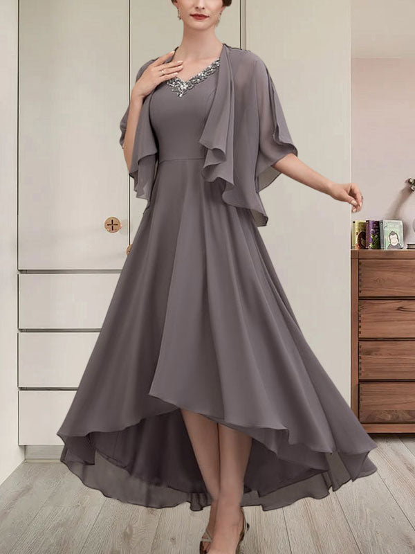 Vestido de gasa asimétrico para madre de la novia con escote en V, corte A y lentejuelas con abalorios