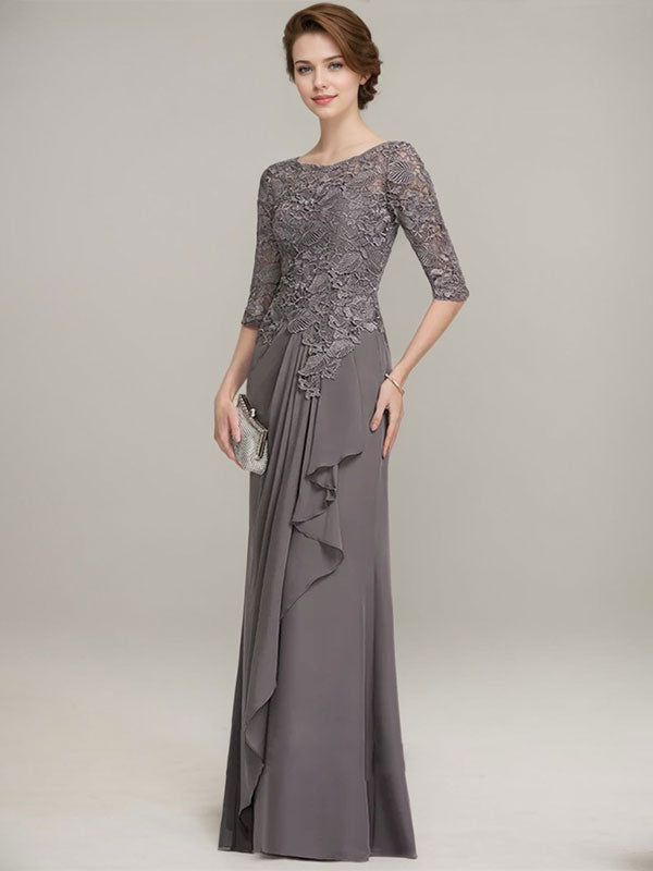 Robe de mère de la mariée en dentelle et mousseline, longueur au sol, coupe en A, décolleté illusion en forme de goutte, avec volants en cascade