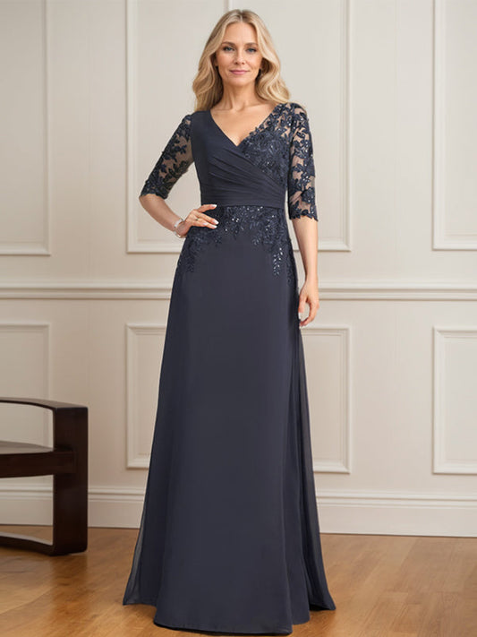 A-Linie, V-Ausschnitt, bodenlanges Spitzen-Chiffon-Kleid für die Brautmutter mit plissierten Pailletten 
